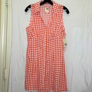 NWT: SO button front sleeveless, collar, shirt dress in orange and pink plaid.